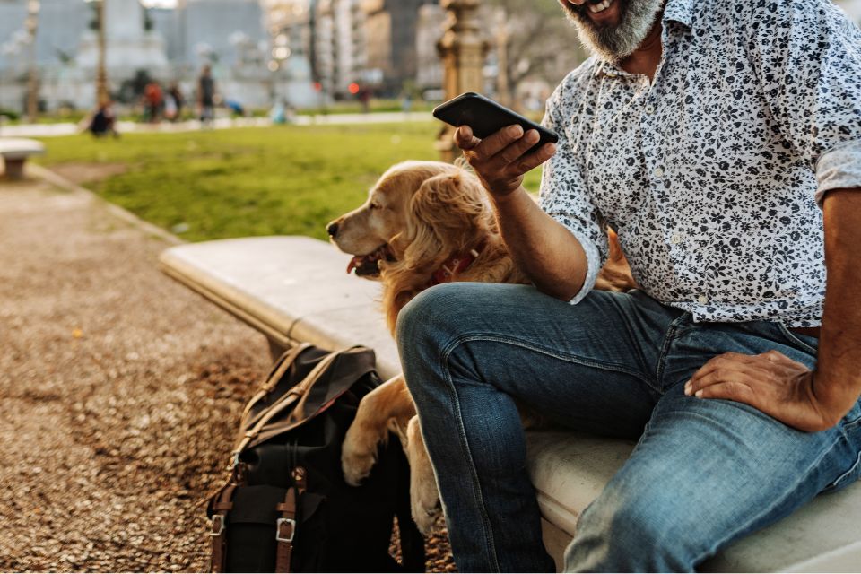a person searching on mobile sitting next to a dog